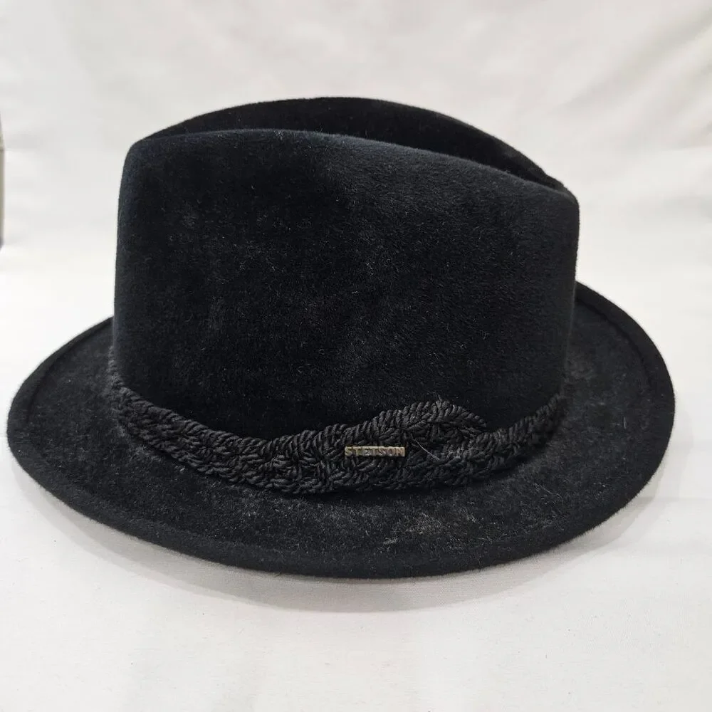 Stetson Sovereign Black Fur Felt Fedora Hat Braided Band Size 7 3/8 59cm